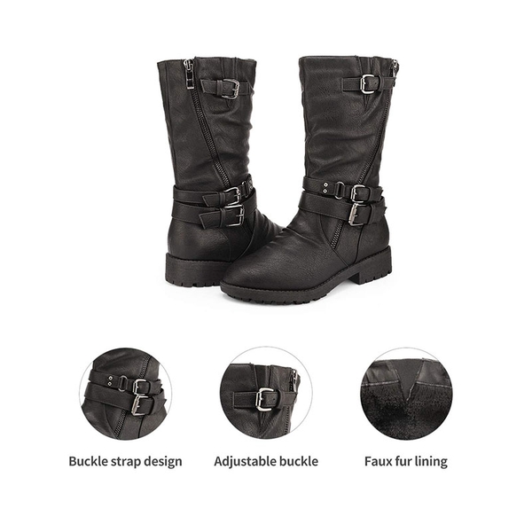 Kids Buckle Knee High Boots - BLACK - 4